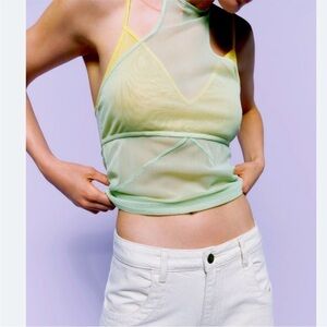 ZARA SHEER BICOLOR MESH TWO STRAP HALTER TOP GREEN/YELLOW SIZE LARGE NWT